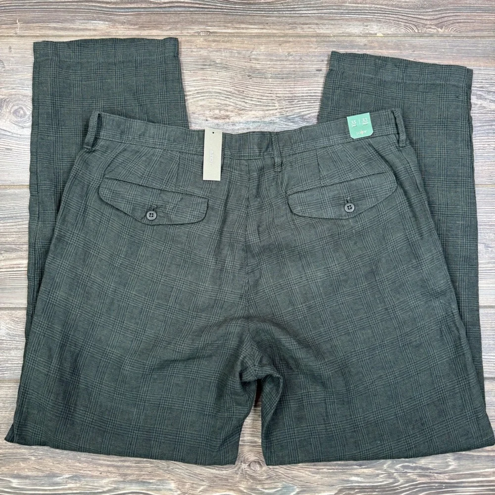 J.Crew Mens Size 35x32 100% Linen Pants Brown Olive Green Glen Plaid CA092 NEW